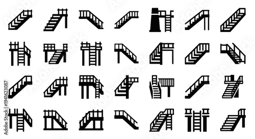 Collection of various staircase designs and illustrations from different viewpoints and angles