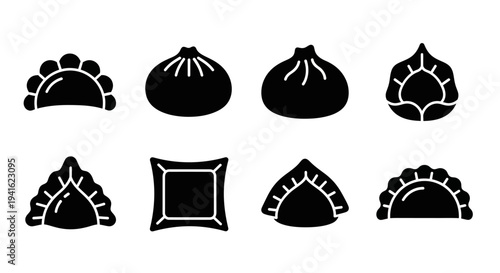 Collection of assorted dumplings and wontons silhouetted on a clean background viewed from directly above