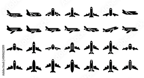 Collection of airplane silhouettes viewed from various angles and perspectives in a grid layout