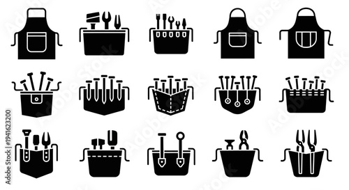 Collection of kitchen utensils and tools icons in various containers displayed in a grid layout