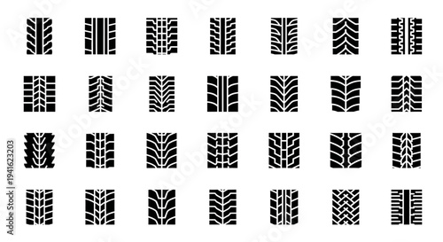 A grid of 20 different tire tread patterns displayed in a four by five arrangement showcasing various textures and designs