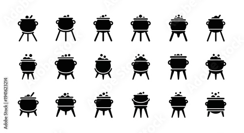 Collection of various barbecue grill icons in different configurations and designs, showcasing diverse cooking styles and settings
