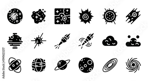 Collection of black illustrations depicting various celestial and scientific concepts in space from a straightforward viewpoint