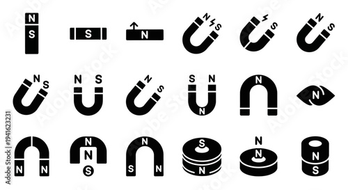 Collection of diverse magnetic icons illustrating various magnetism concepts and symbols from different viewpoints