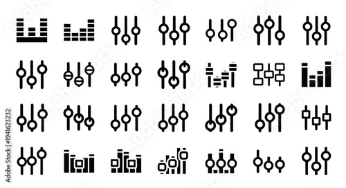 Collection of various abstract icons representing data visualization and infographic elements in a grid layout