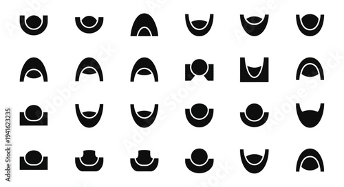 Collection of black icons on white background representing various abstract shapes and designs displayed in a grid formation