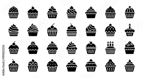 Collection of assorted cupcake illustrations displayed on a grid layout