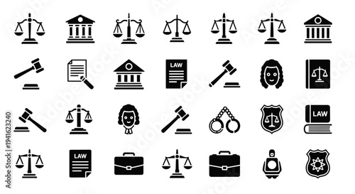 Collection of law and justice icons in a grid, illustrating legal concepts and symbols, static view