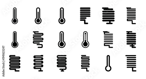 Collection of diverse thermometer icons displayed in a grid pattern on a plain background