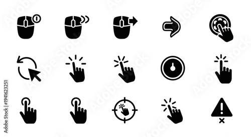 Collection of hand icons illustrating various interactive gestures and actions in a user interface design