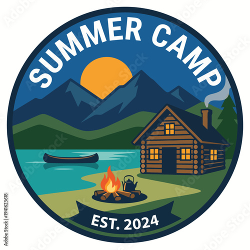 A picturesque summer camp scene featuring a wooden cabin by a serene lake surrounded by mountains, highlighting the essence of outdoor adventure and cozy retreats in nature.