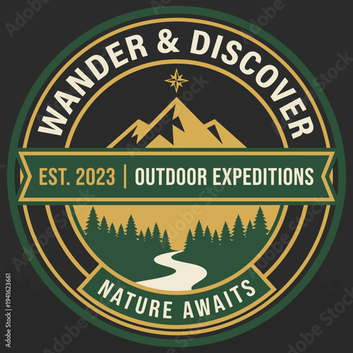 A beautifully designed outdoor expedition logo featuring a scenic mountain landscape and a winding river, inviting adventure seekers to explore nature's wonders as a brand identity.