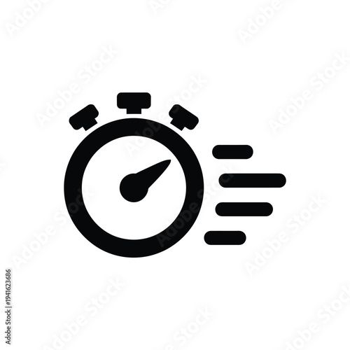Simple black icon depicting a stopwatch with speed lines indicating rapid timing