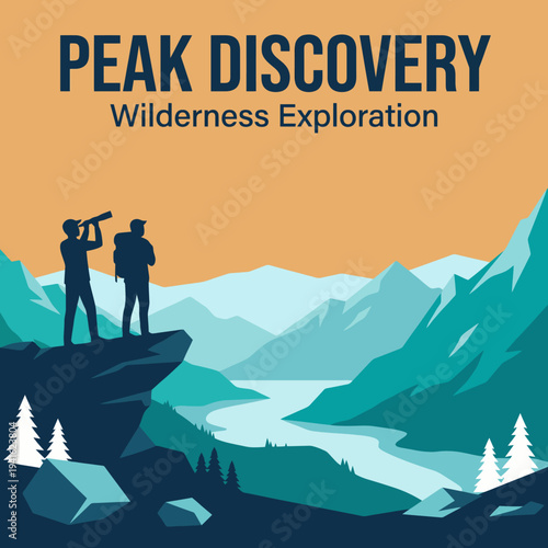 This breathtaking image illustrates two adventurers standing on a rocky peak, gazing towards a scenic valley, symbolizing the excitement and exploration of wilderness adventures.