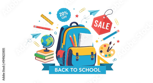 Back to school sale vector illustration with backpack and school supplies