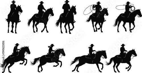Black silhouette illustration of cowboys riding horses in dynamic poses with lassos, gaits, and maneuvers, representing Western culture, rodeo, and iconic cowboy imagery