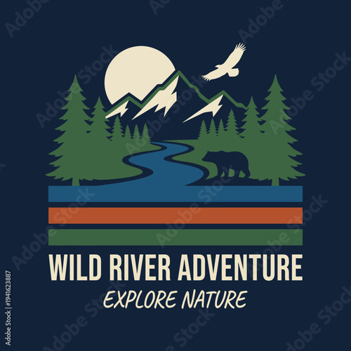 An inspiring nature scene featuring a winding river with a bear along the bank, juxtaposed against mountains, embodying the spirit of exploration and adventure in the wild.