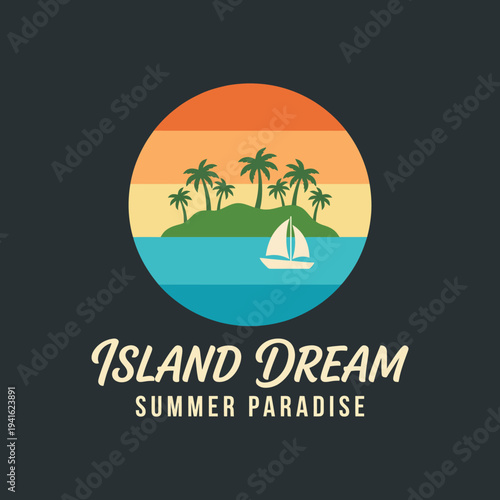 Wallpaper Mural A vibrant sunset scene of a tropical island featuring silhouettes of palm trees, a tranquil sea, and a small sailboat, embodying a serene summer paradise ambience. Torontodigital.ca