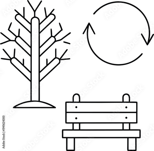 urban wood reuse tree bench line art vector illustration on transparent background