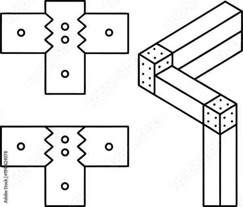 timber framing joint line art vector illustration on transparent background
