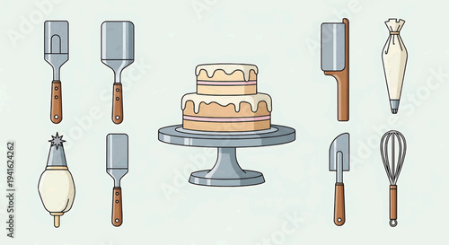 A beautifully decorated cake on a stand surrounded by baking utensils in a modern kitchen setting