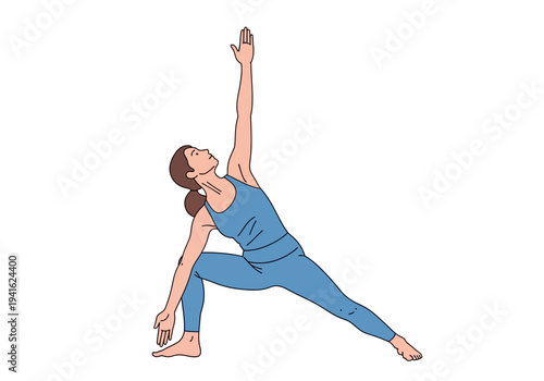 Woman practicing yoga in a blue outfit performing extended triangle pose.