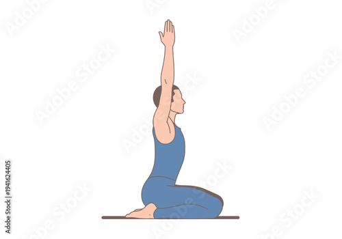 Man practicing yoga in a kneeling pose with arms raised overhead.