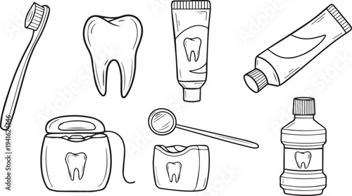 Set of 8 dental care icons vector, toothbrush, tooth, toothpaste