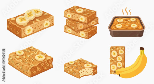 Illustrative Set of Golden Brown Banana Bread Loaves, Slices, and Baked Goods, Featuring Whole Bananas, Representing Wholesome Homemade Dessert and Snack Options