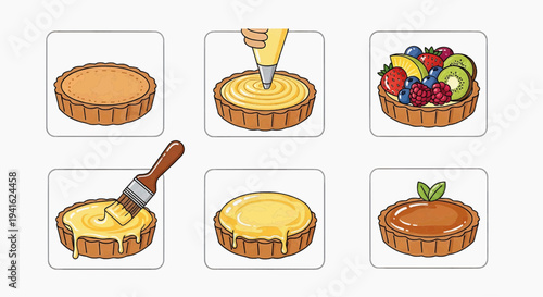 Illustrated step-by-step guide on how to bake and decorate a delicious fruit tart. Visual instructions show the entire dessert preparation process from shell to adding fresh fruits and glaze