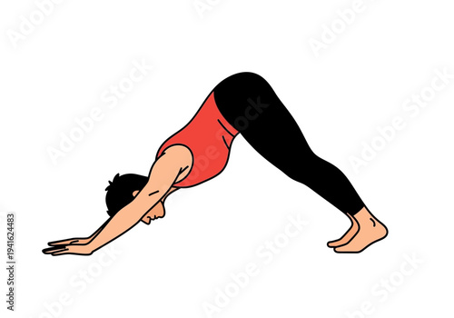 Woman performing downward facing dog yoga pose illustration.