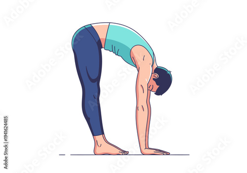Man performing a forward fold yoga pose on a white background.