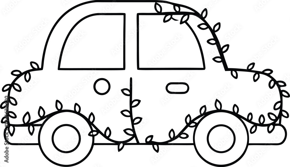 Obraz premium rusting car overgrown by ivy line art vector illustration on transparent background