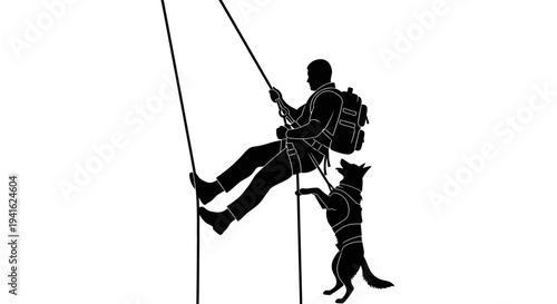 Climbing Man and Dog Silhouette on White Background