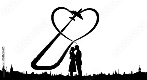Couple kissing under airplane heart trail over city skyline