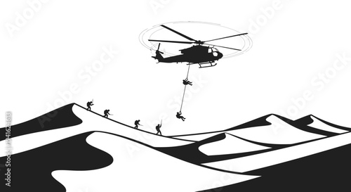 Desert Special Forces Helicopter Rappelling Soldiers onto Sand Dunes