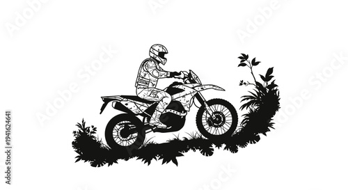 Dirt bike rider on off-road trail, adventure, extreme sport, nature, black and white illustration