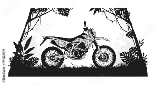 Dirt Bike in Jungle Silhouette Frame - Off-road Motorcycle Adventure