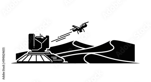 Drone Launching from Military Defense System on Desert Landscape