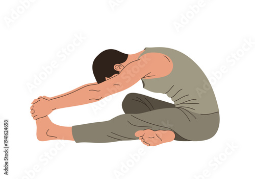 Man performing Janu Sirsasana yoga pose stretching hamstrings and back.
