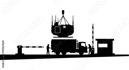Crane loading heavy industrial equipment onto truck at security checkpoint