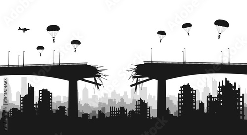 Destroyed City Bridge, Paratroopers Descending Over Ruined Buildings, War Aftermath