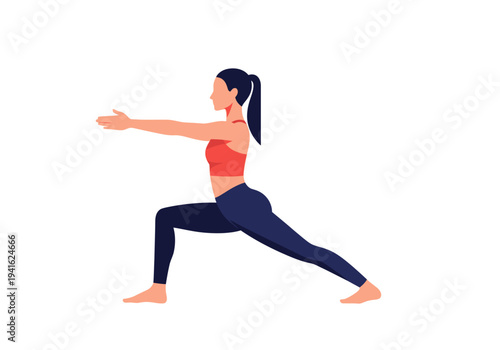 Woman practicing yoga warrior pose on white background.