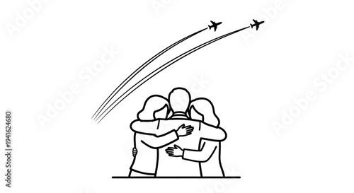 Family Farewell: Three People Hugging, Airplanes Flying Overhead