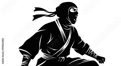 Dynamic Silhouette of a Ninja Warrior in Action, Shouting and Ready to Strike