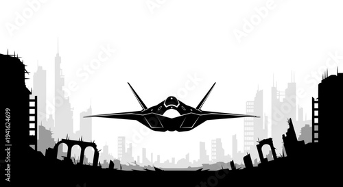 Fighter Jet Flying Over Ruined Cityscape, Post-Apocalyptic Scene