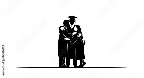 Graduation Family Hug: Parents Embrace Graduate in Cap and Gown, Celebrating Achievement