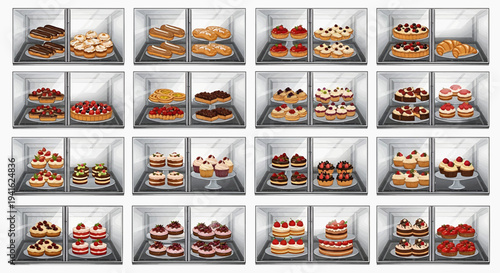 Variety of assorted burgers and sandwiches displayed in a refrigerated showcase case