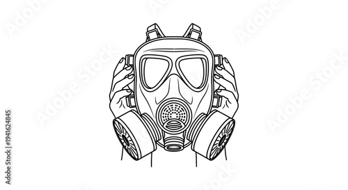 Hands Holding Gas Mask with Filters, Protection, Safety Equipment, Danger, Biohazard Concept