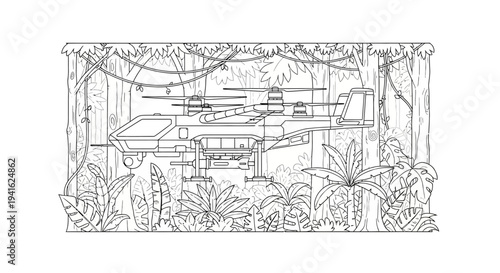Helicopter in Jungle Canopy, Military Aircraft, Dense Forest, Adventure, Exploration